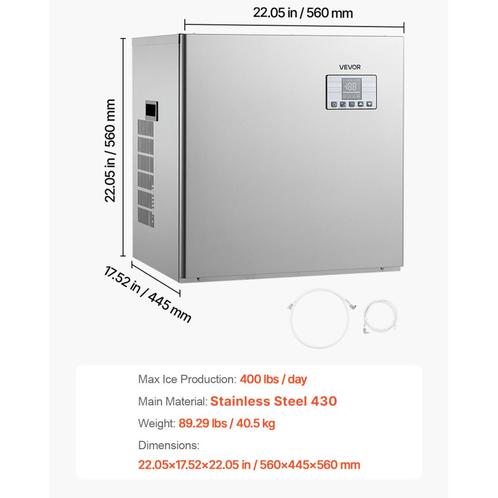 VEVOR Commercial Ice Maker Machine - Head, 400 Lbs/Day Stainless Steel Ice Machine with Scheduled Ice-Making, Self-Cleaning, Adjustable Thickness, Ideal for Restaurant Bar Cafe Hotel - Head Only