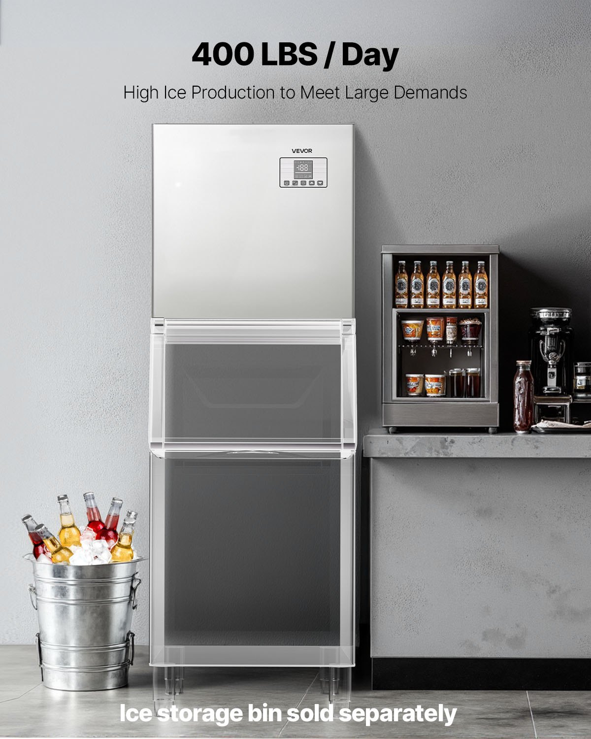 VEVOR Commercial Ice Maker Machine - Head, 400 Lbs/Day Stainless Steel Ice Machine with Scheduled Ice-Making, Self-Cleaning, Adjustable Thickness, Ideal for Restaurant Bar Cafe Hotel - Head Only