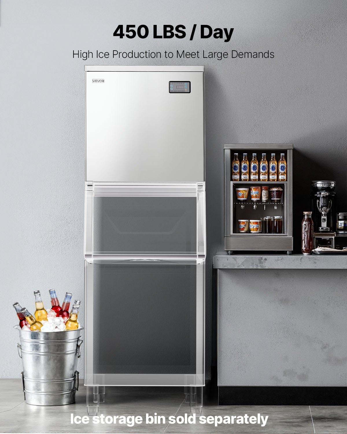 VEVOR Commercial Ice Maker Machine - Head, 450 Lbs/Day Stainless Steel Ice Machine with Scheduled Ice-Making, Self-Cleaning, Adjustable Thickness, Ideal for Restaurant Bar Cafe Hotel - Head Only