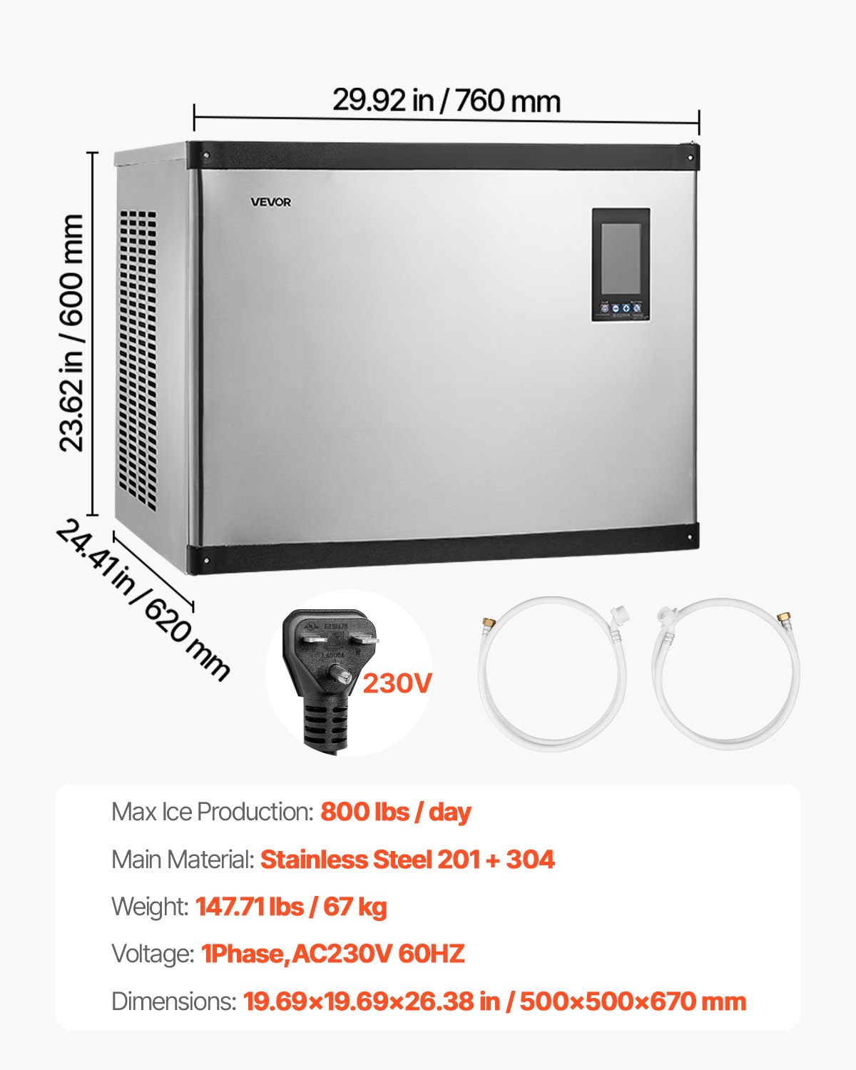 VEVOR Commercial Ice Maker Machine - Head, 1000 Lbs/Day Stainless Steel Ice Machine with Scheduled Ice-Making, Self-Cleaning, Adjustable Thickness, Ideal for Restaurant Bar Cafe Hotel - Head Only