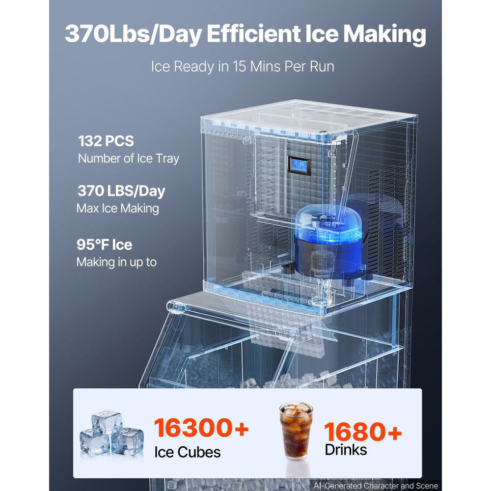 VEVOR Commercial Ice Maker Machine 370 Lbs/24H Stainless Steel Head Only, Ice-Making for Restaurant Bar Cafe Hotel, Ice Ready in 15 Mins, with Self-Cleaning, 132 pcs Ice Tray, Adjustable Thickness