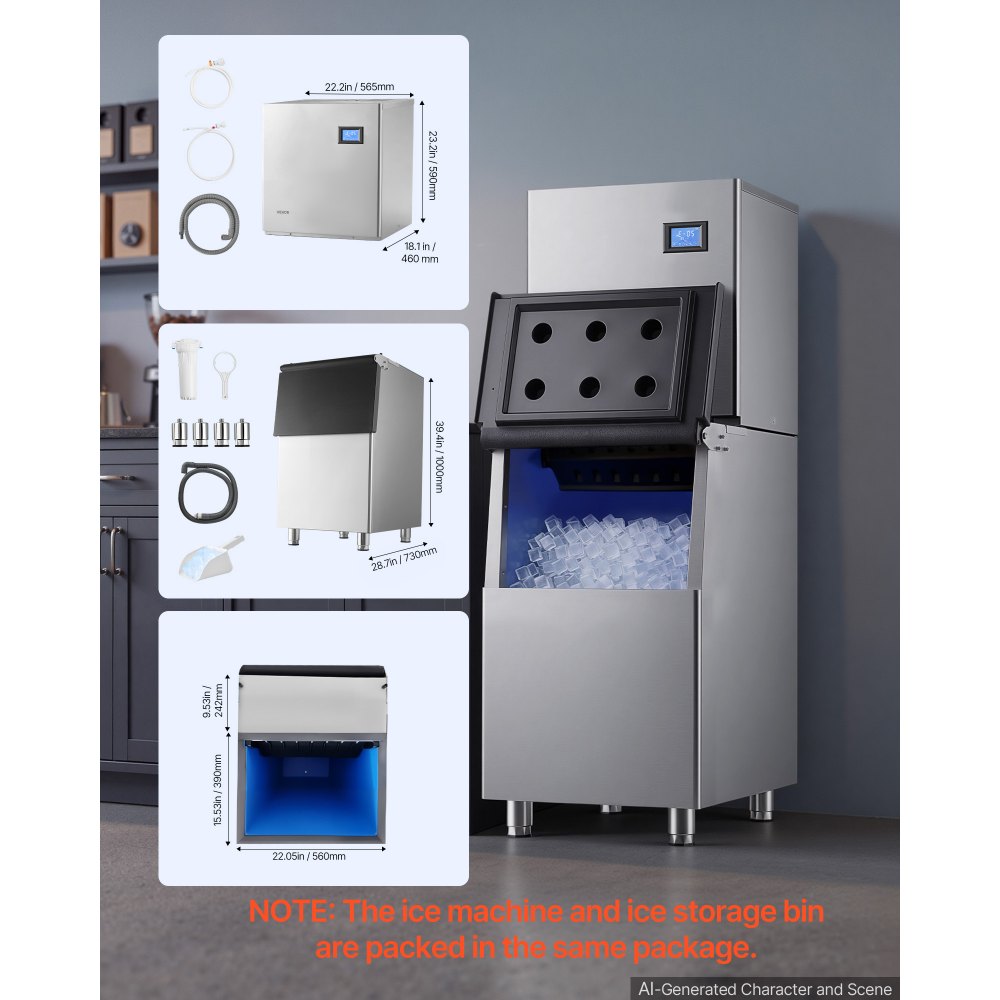 VEVOR Commercial Ice Maker Machine 254 kg/24H Ice-Making Stainless Steel, for Bar Cafe Restaurant Business, Ice Ready in 15 Mins, Freestanding with 113 kg Ice Storage Bin and Auto Self-Cleaning