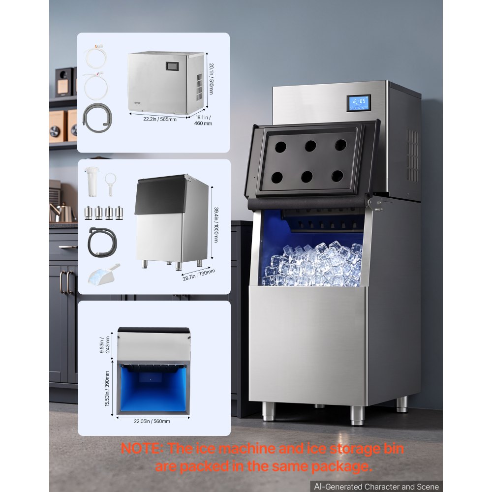 VEVOR Commercial Ice Maker Machine 168 kg/24H Ice-Making Stainless Steel, for Bar Cafe Restaurant Business, Ice Ready in 15 Mins, Freestanding with 113 kg Ice Storage Bin and Auto Self-Cleaning