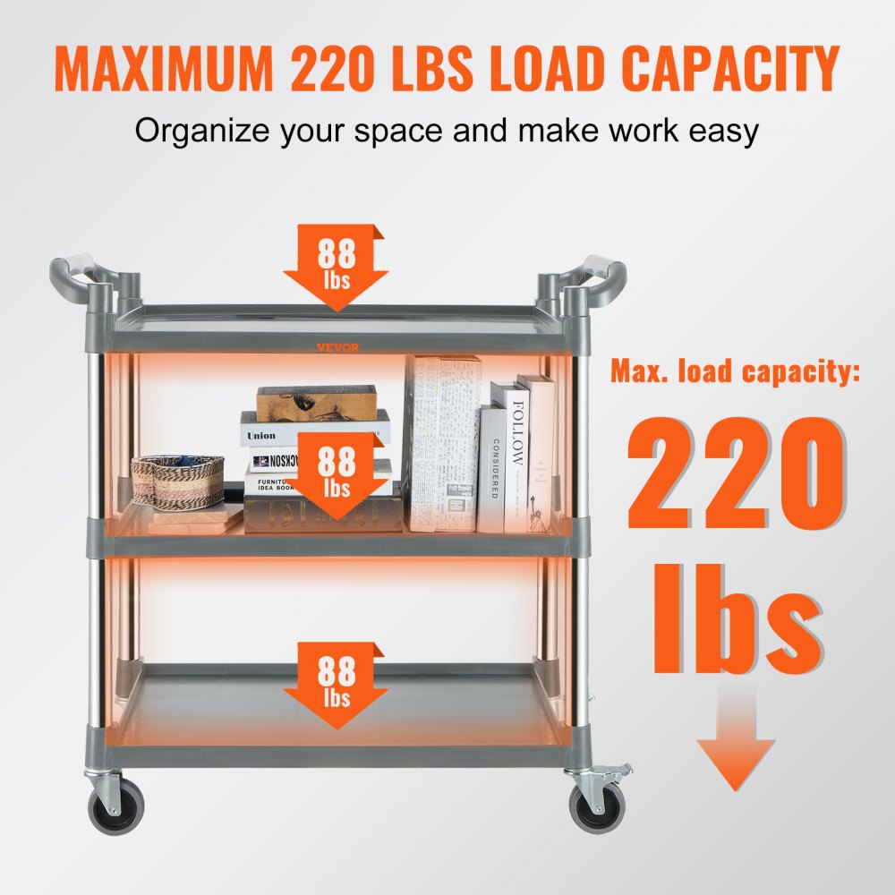 VEVOR utility service cart with 220 lbs load capacity, displaying shelves holding 88 lbs each.