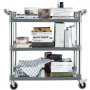 VEVOR utility service cart loaded with books, decorative items, and storage baskets on three shelves.