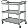 gray VEVOR utility service cart with three shelves, sturdy handles, and four rolling wheels.