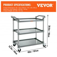 Úžitkový servisný vozík VEVOR s kolesami 3-poschodový stravovací vozík s kapacitou 220 libier