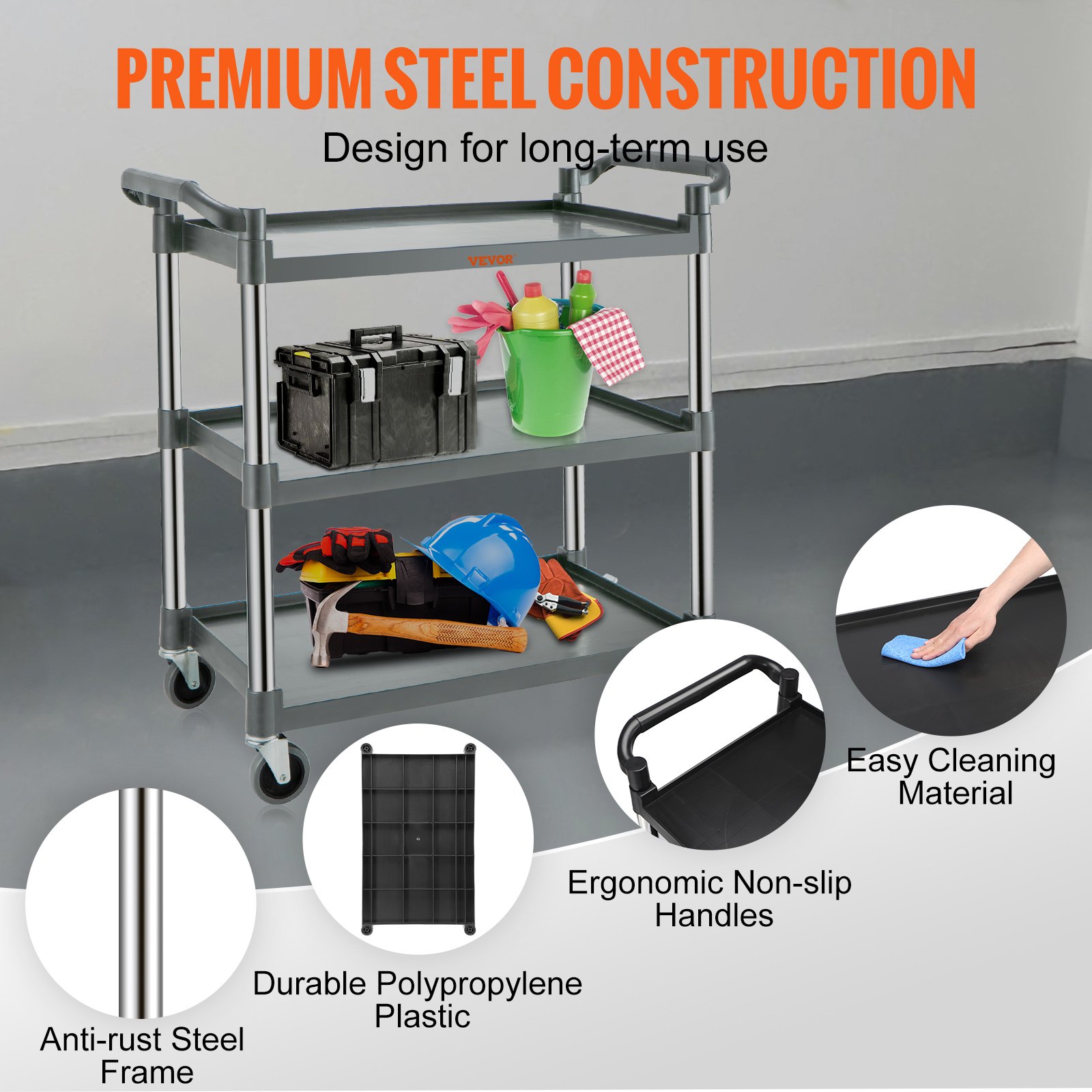 VEVOR utility service cart with premium steel construction, anti-rust frame, and ergonomic non-slip handles.