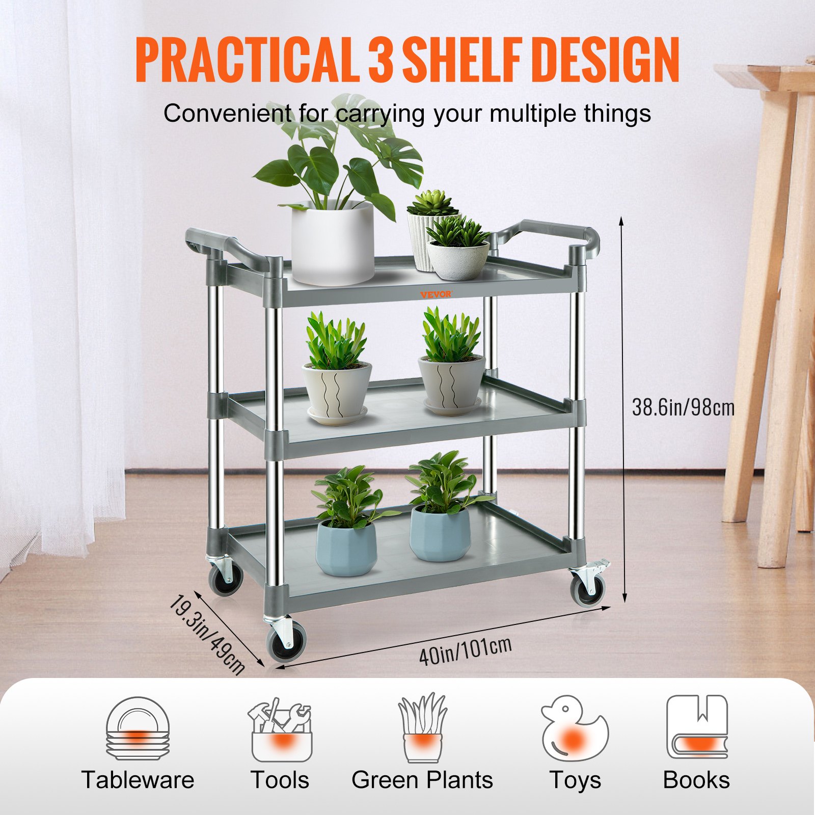VEVOR utility service cart with 3 shelves displaying green plants, showcasing dimensions and usage icons.
