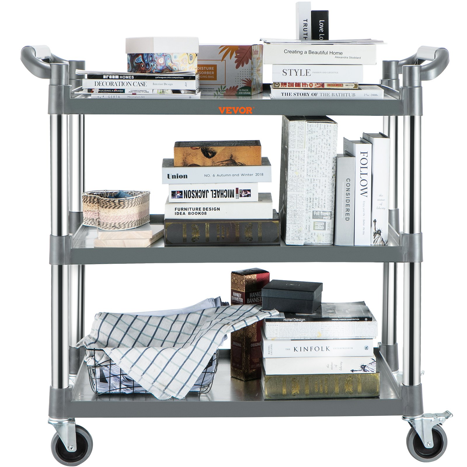 VEVOR utility service cart loaded with books, decorative items, and storage baskets on three shelves.