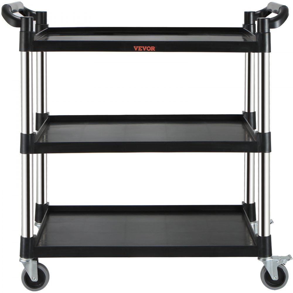 VEVOR utility service cart with three black shelves, stainless steel legs, and swivel casters.