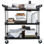 black VEVOR utility service cart loaded with books and storage items, featuring three shelves and four wheels.