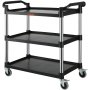 VEVOR utility service cart with three black shelves, silver columns, and four swivel casters.