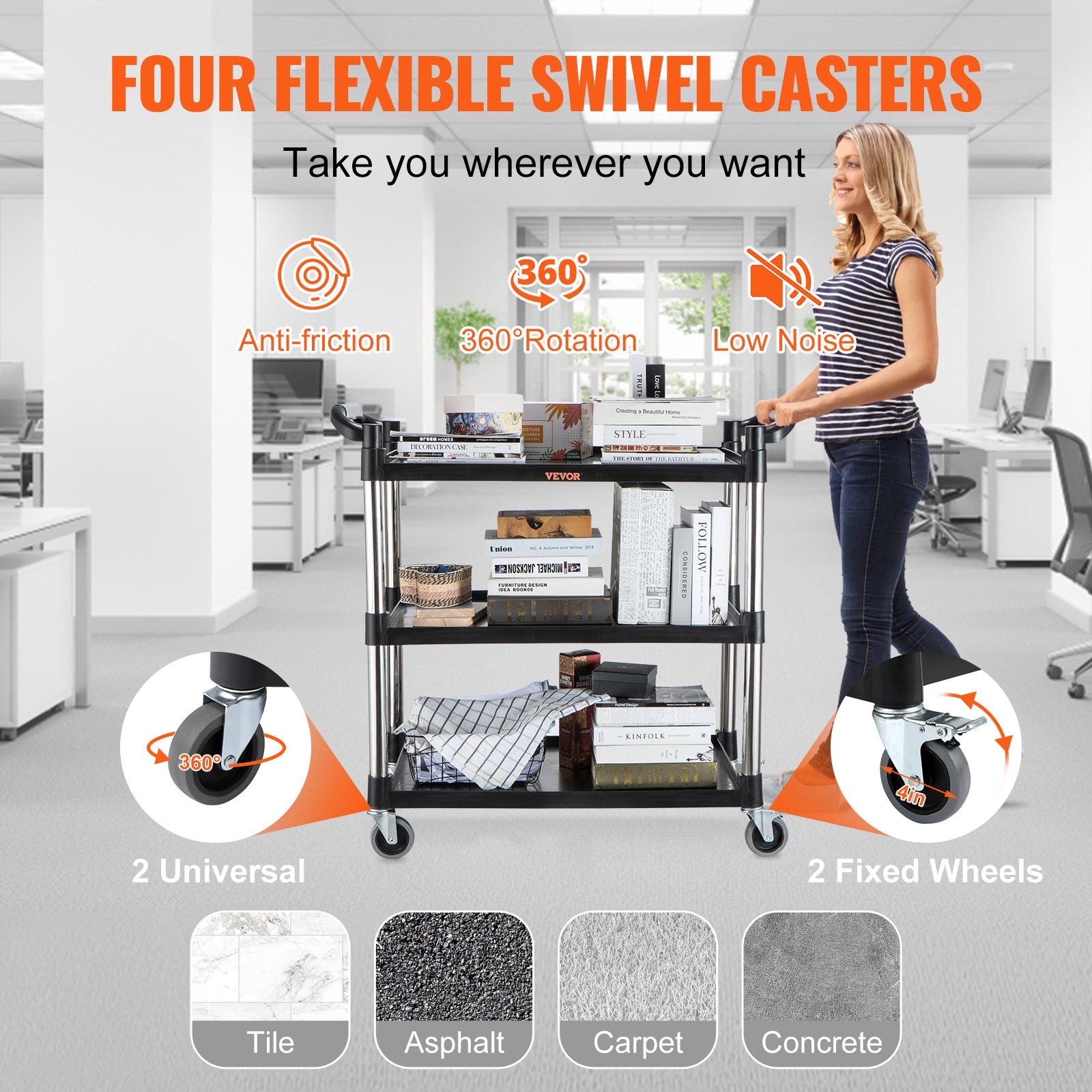 VEVOR utility service cart with four swivel casters, loaded with office supplies, in a modern office.