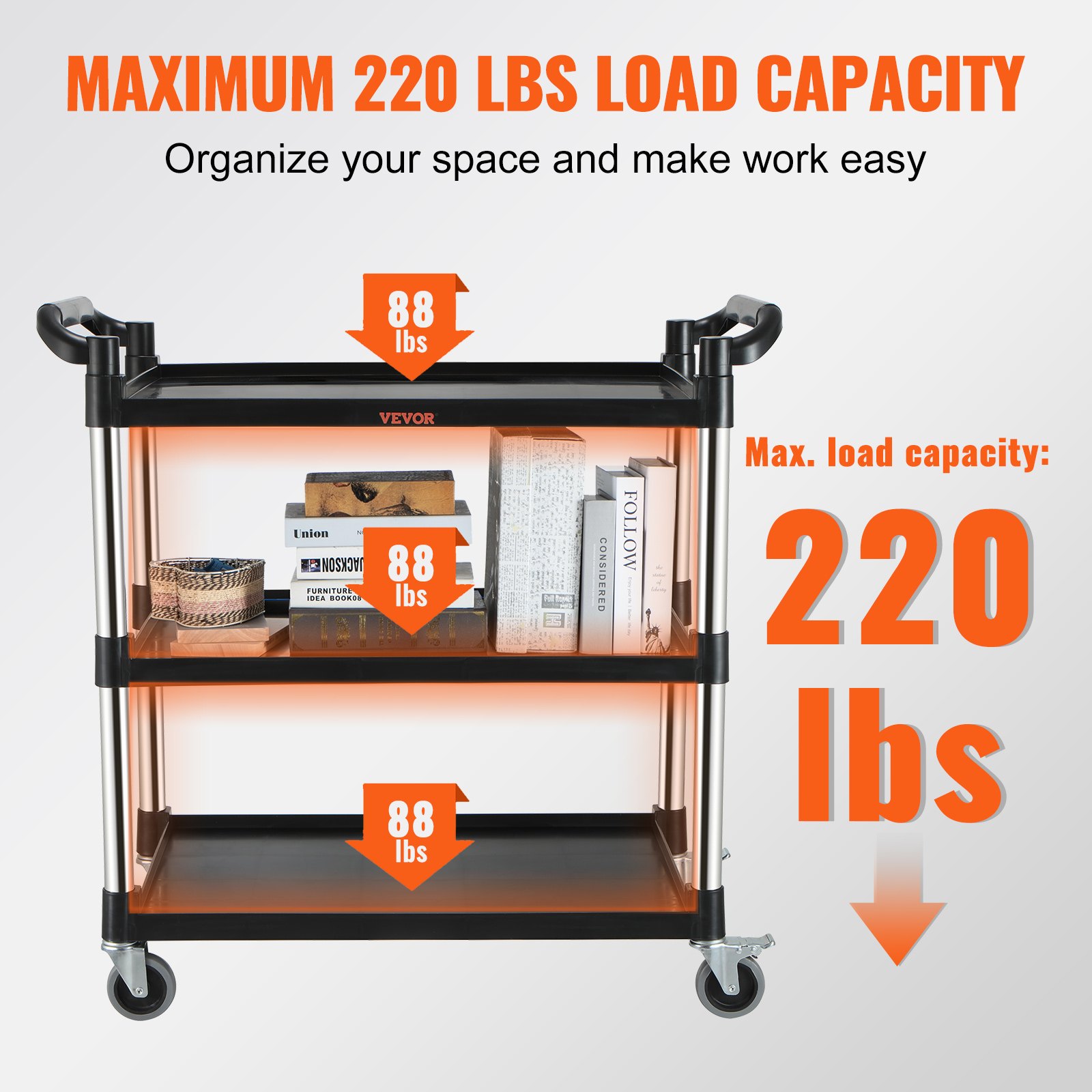 VEVOR utility service cart with 3 shelves and 220 lbs load capacity, holding 88 lbs per shelf.