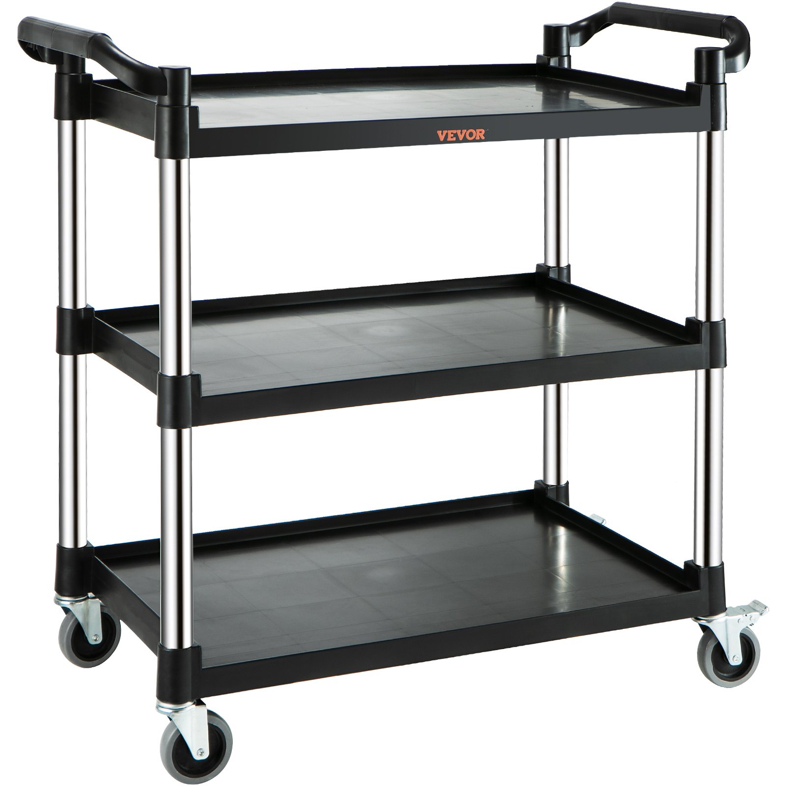 VEVOR utility service cart with 3 black shelves, metal handles, and swivel casters for easy mobility.