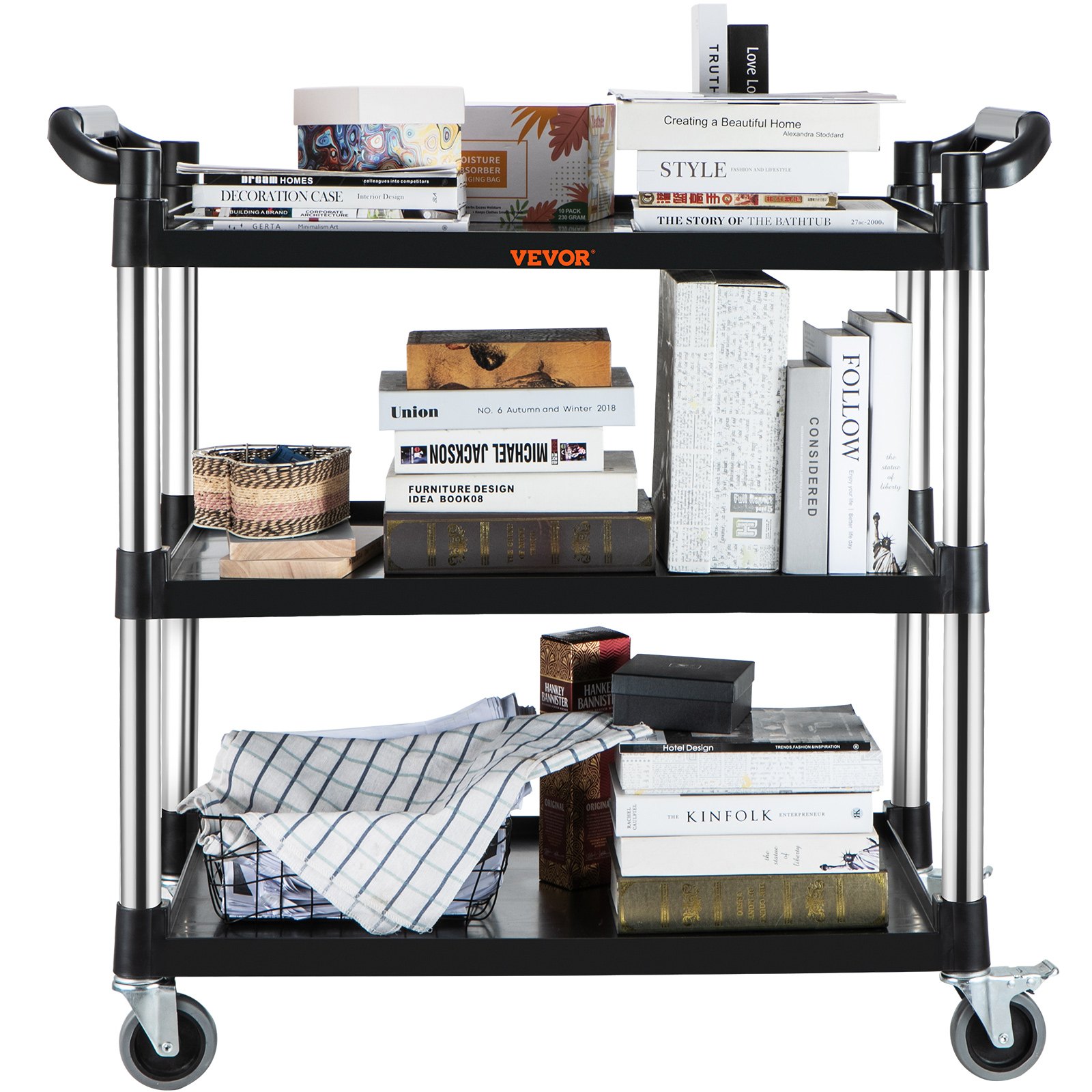 black VEVOR utility service cart loaded with books and storage items, featuring three shelves and four wheels.