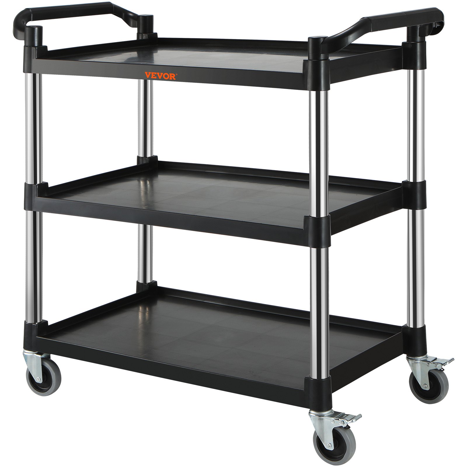 VEVOR utility service cart with three black shelves, silver columns, and four swivel casters.