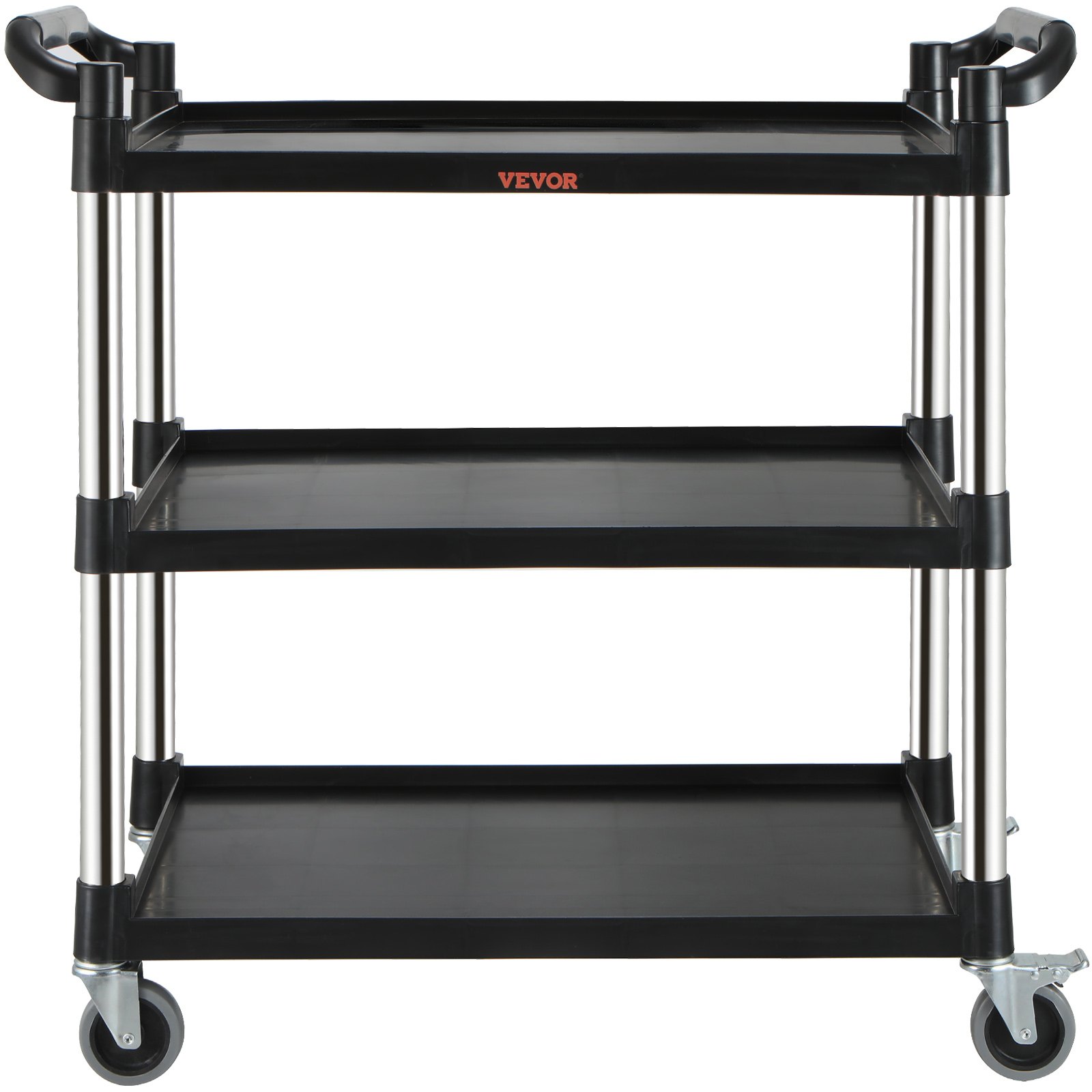 VEVOR utility service cart with three black shelves, stainless steel legs, and swivel casters.
