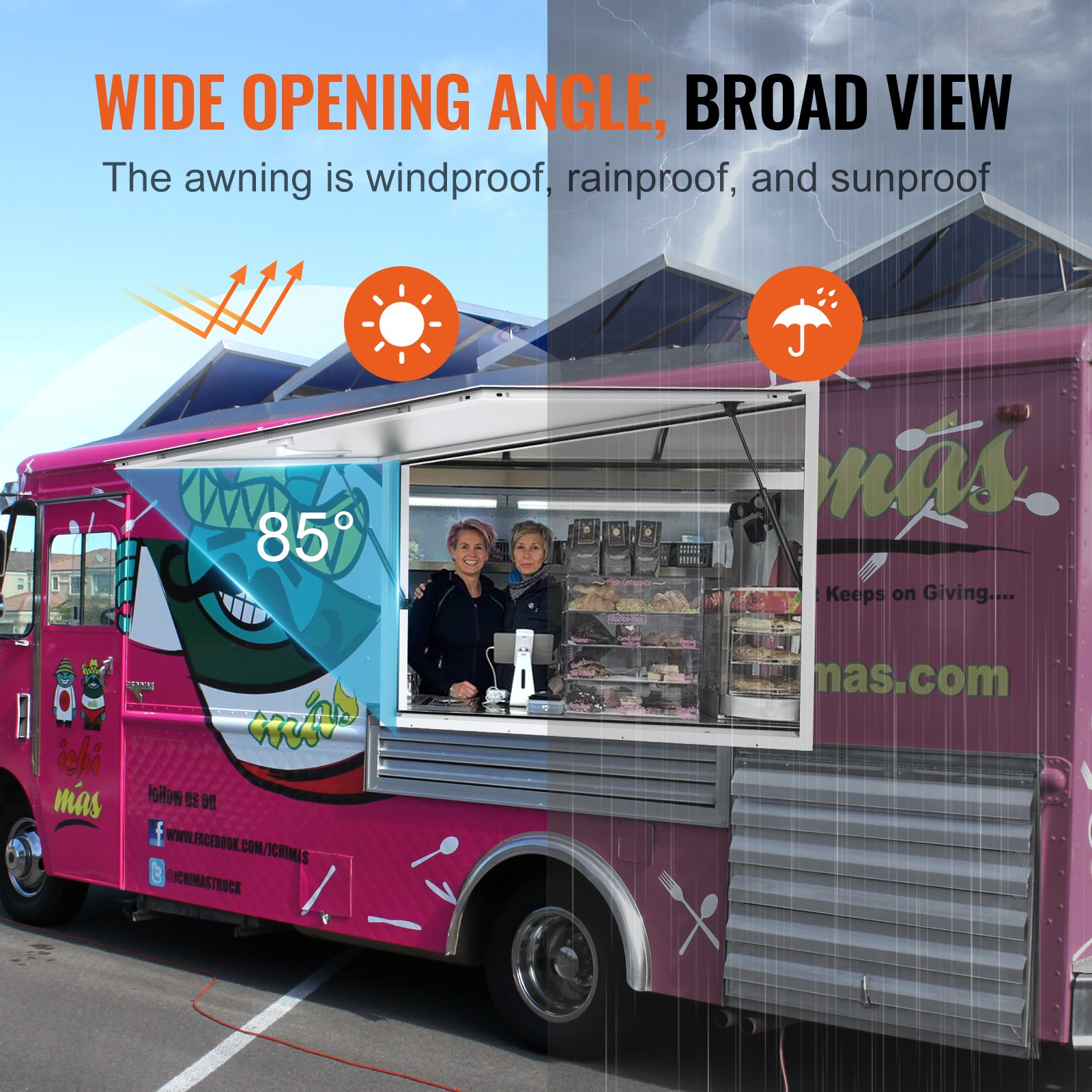 VEVOR Concession Window 36"x36", Aluminum Alloy Food Truck Service Window with Awning Door & Drag Hook, Up to 85 Degrees Stand Serving Window for Food Trucks Concession Trailers, Glass Not Included
