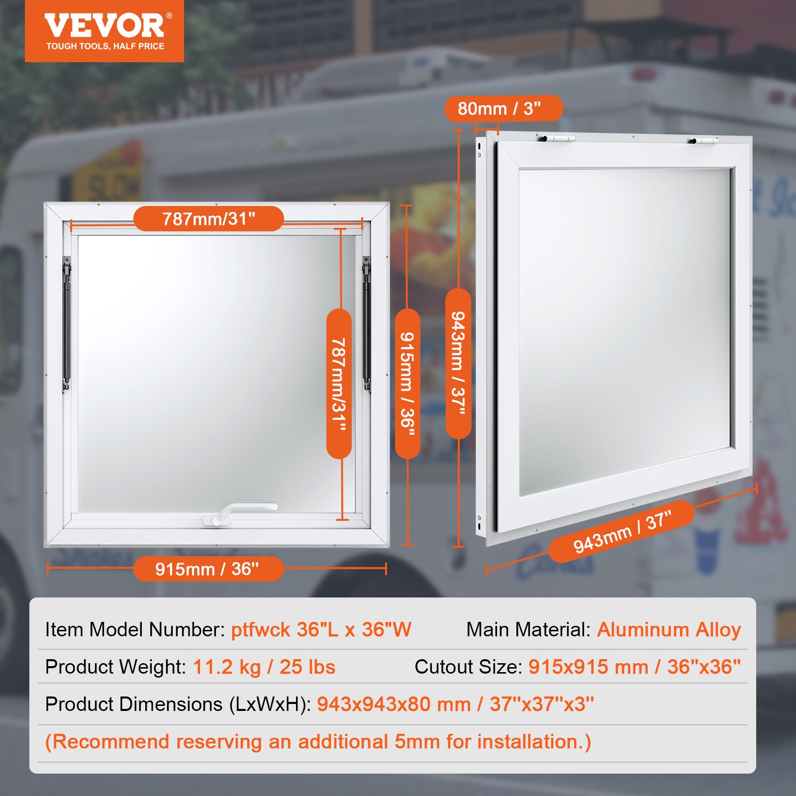 VEVOR Concession Window 36"x36", Aluminum Alloy Food Truck Service Window with Awning Door & Drag Hook, Up to 85 Degrees Stand Serving Window for Food Trucks Concession Trailers, Glass Not Included