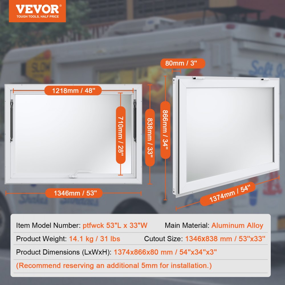 VEVOR Serving Hatch 53"x33", Aluminum Food Service Window with Awning & Hook, Opens to 85 Degrees for Food Trucks & Concession Stands, No Glass