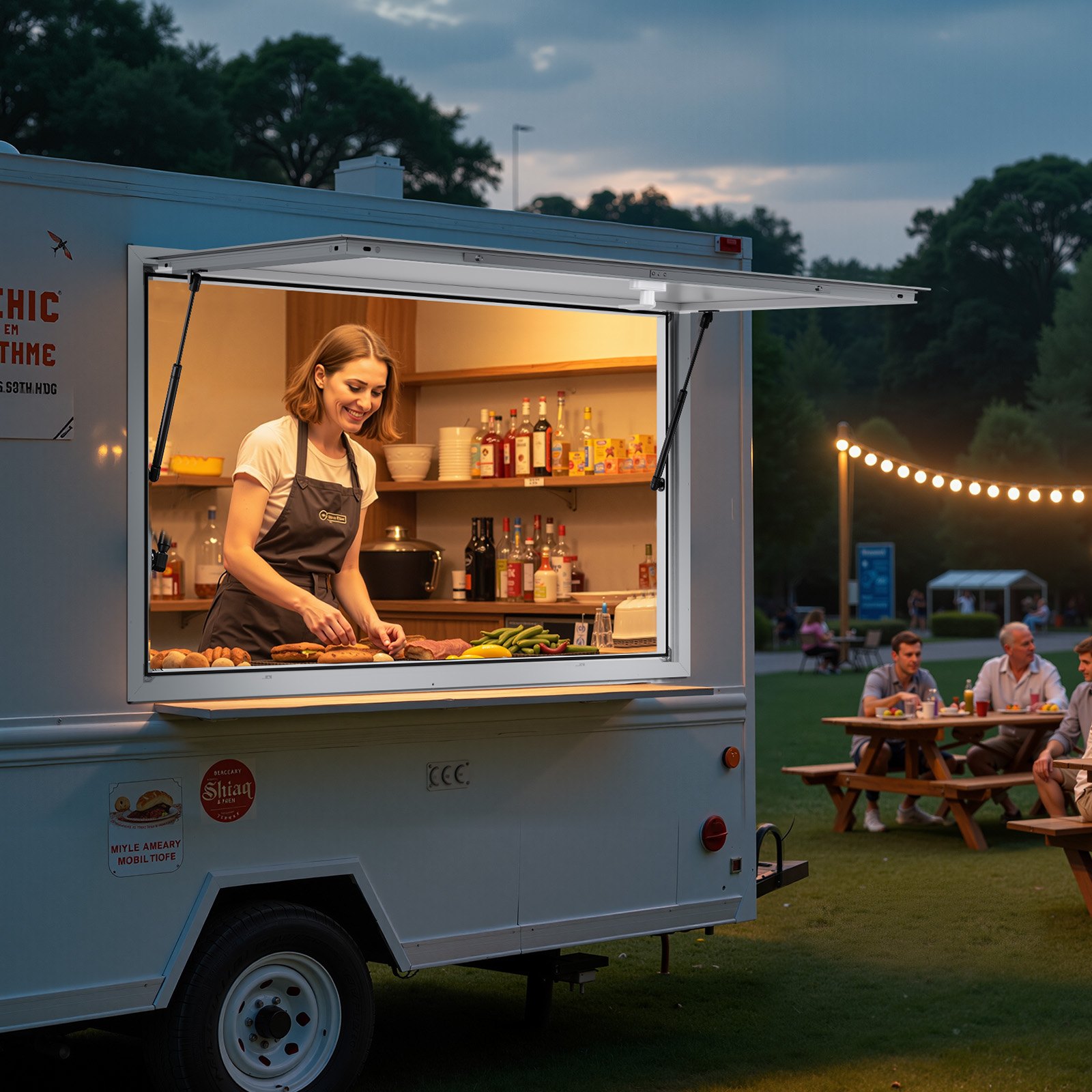 VEVOR Concession Window 152x92 cm, Aluminum Alloy Frame Service Window for Food Truck, Up to 85 Degrees Stand Serving Window with Awning Door and Drag Hook, Rainwater Resistant for Concession Trailer