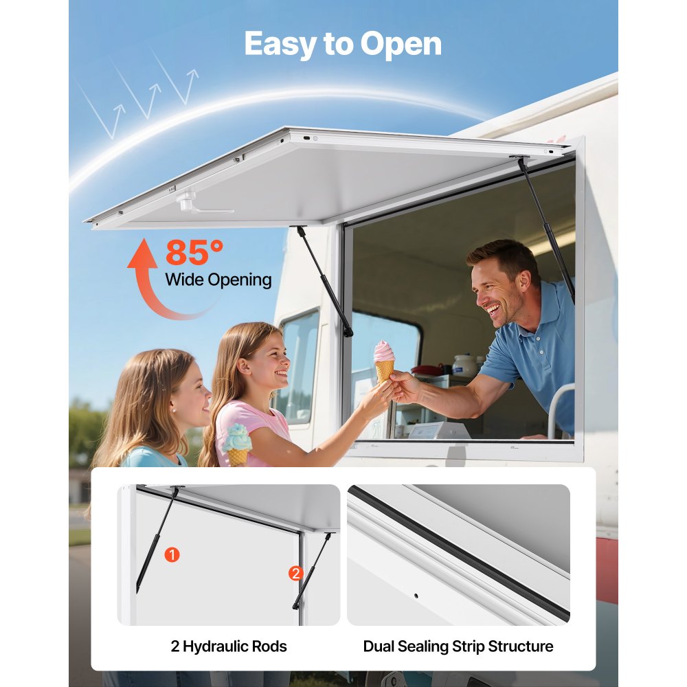 VEVOR Concession Window 188x102cm, Aluminum Alloy Frame Service Window for Food Truck, Up to 85 Degrees Stand Serving Window with Awning Door and Drag Hook, Rainwater Resistant for Concession Trailer