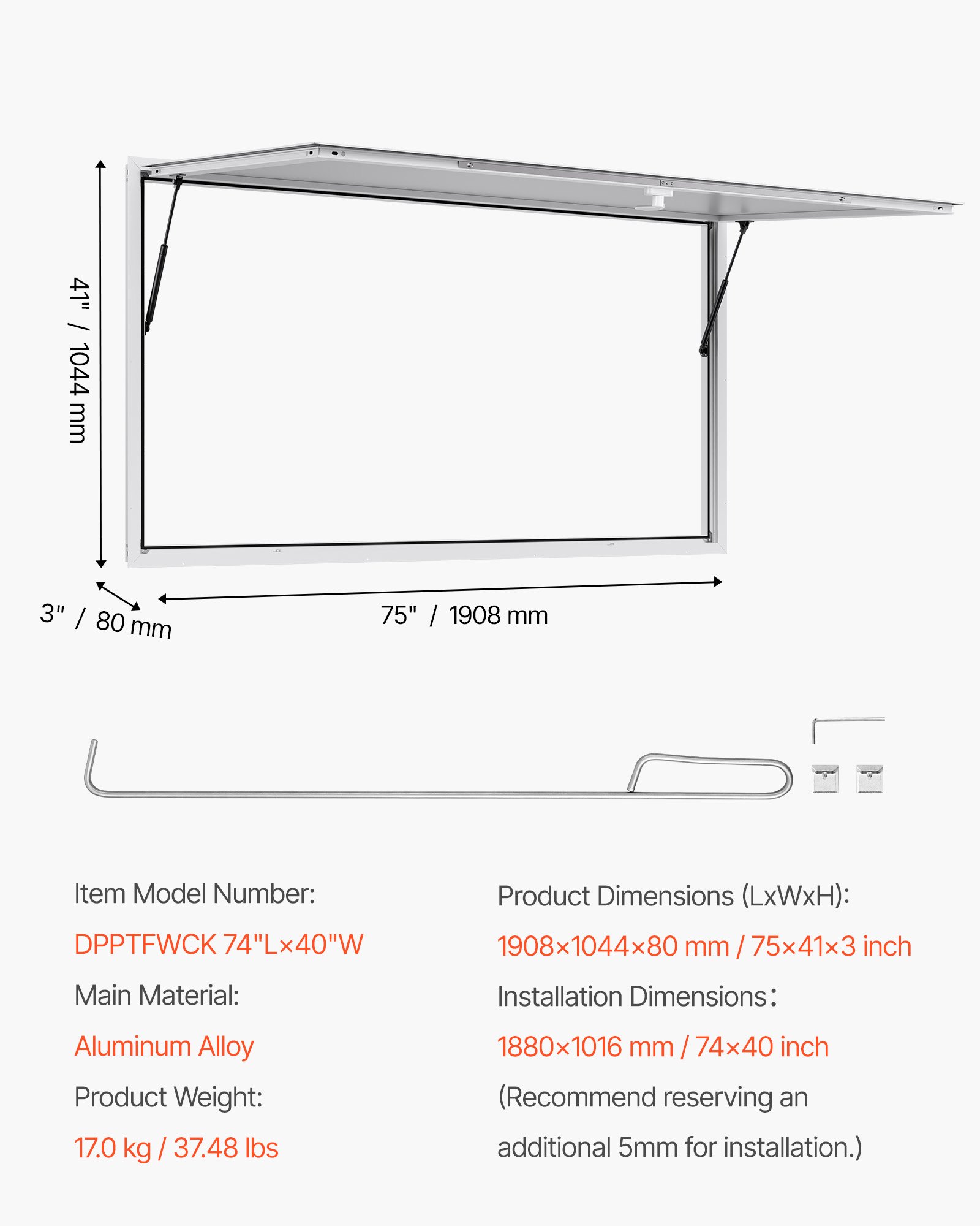 VEVOR Concession Window 188x102cm, Aluminum Alloy Frame Service Window for Food Truck, Up to 85 Degrees Stand Serving Window with Awning Door and Drag Hook, Rainwater Resistant for Concession Trailer