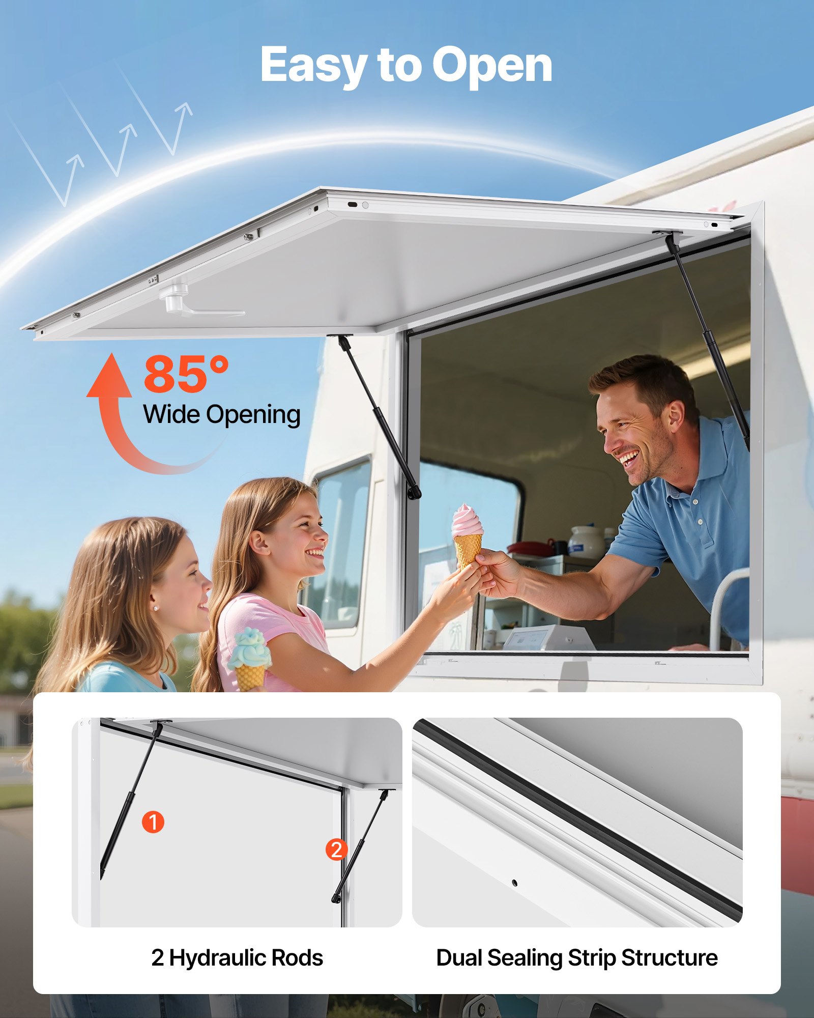 VEVOR Concession Window 188x102cm, Aluminum Alloy Frame Service Window for Food Truck, Up to 85 Degrees Stand Serving Window with Awning Door and Drag Hook, Rainwater Resistant for Concession Trailer