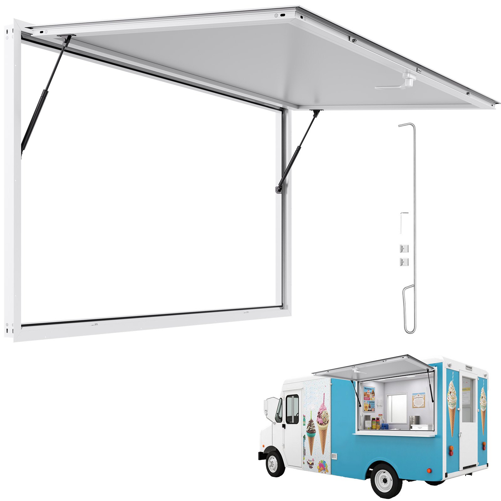 VEVOR Concession Window 188x102cm, Aluminum Alloy Frame Service Window for Food Truck, Up to 85 Degrees Stand Serving Window with Awning Door and Drag Hook, Rainwater Resistant for Concession Trailer