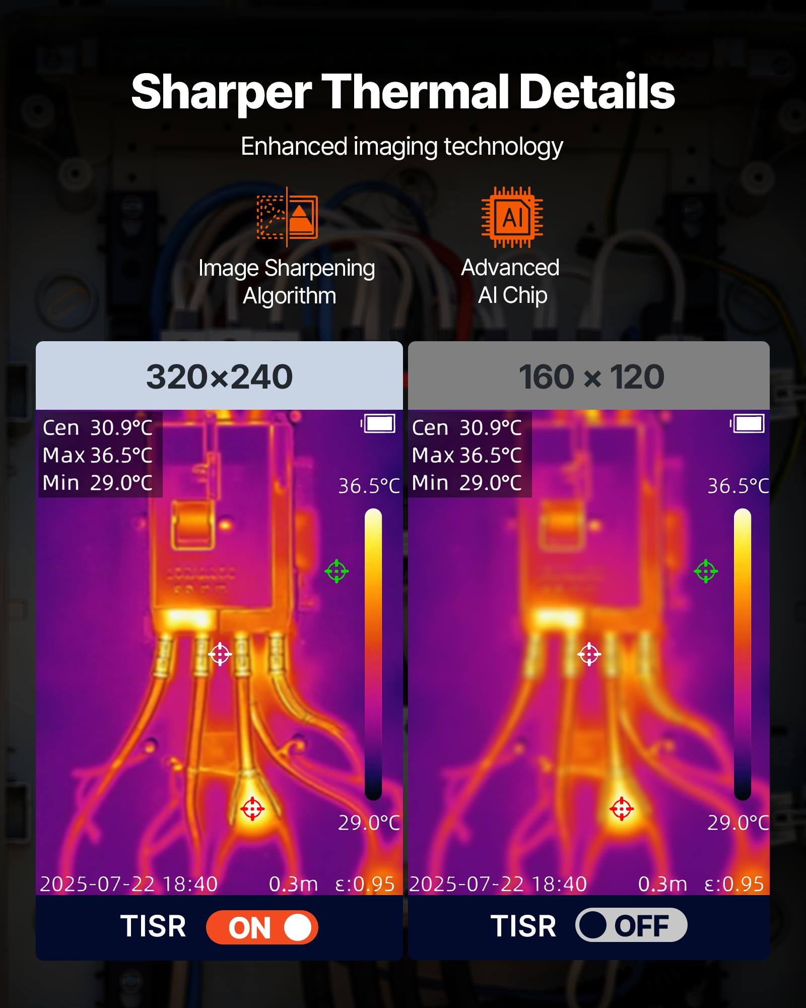 Termokamera VEVOR, super rozlíšenie 320 x 240 TISR, termokamera s 2MP vizuálnou kamerou, rozlíšenie 160 x 120 IR, obnovovacia frekvencia 25 Hz, -4 °F až 1022 °F, 4 režimy obrazu a 6 farebných paliet