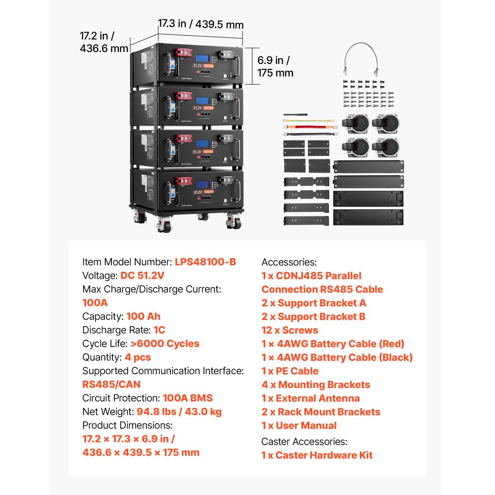 VEVOR 48V 100Ah LiFePO4 Lithium Battery, Built-in 100A BMS, 51.2V Server Rack LiFePO4 Battery with Bluetooth & Display, 5120Wh Capacity, 6000 Cycles, for Solar Energy Storage Home Backup Power, 4 Pack