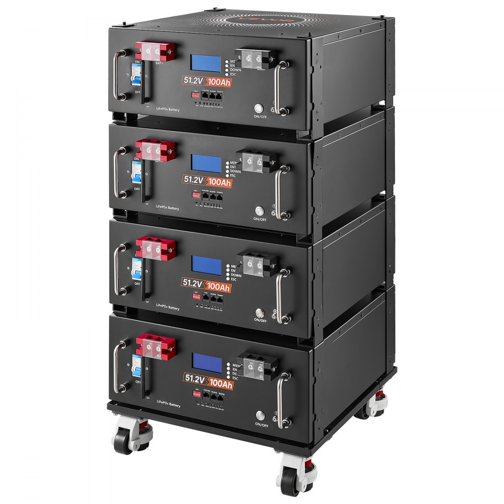 VEVOR 48V 100Ah LiFePO4 Lithium Battery, Built-in 100A BMS, 51.2V Server Rack LiFePO4 Battery with Bluetooth & Display, 5120Wh Capacity, 6000 Cycles, for Solar Energy Storage Home Backup Power, 4 Pack