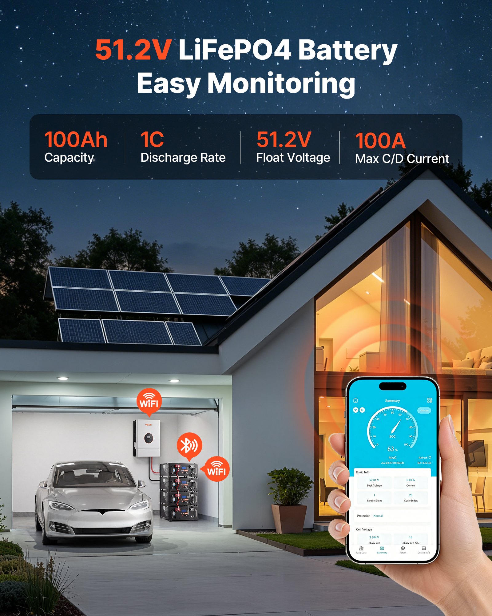 VEVOR 48V 100Ah LiFePO4 Lithium Battery, Built-in 100A BMS, 51.2V Server Rack LiFePO4 Battery with Bluetooth & Display, 5120Wh Capacity, 6000 Cycles, for Solar Energy Storage Home Backup Power, 4 Pack
