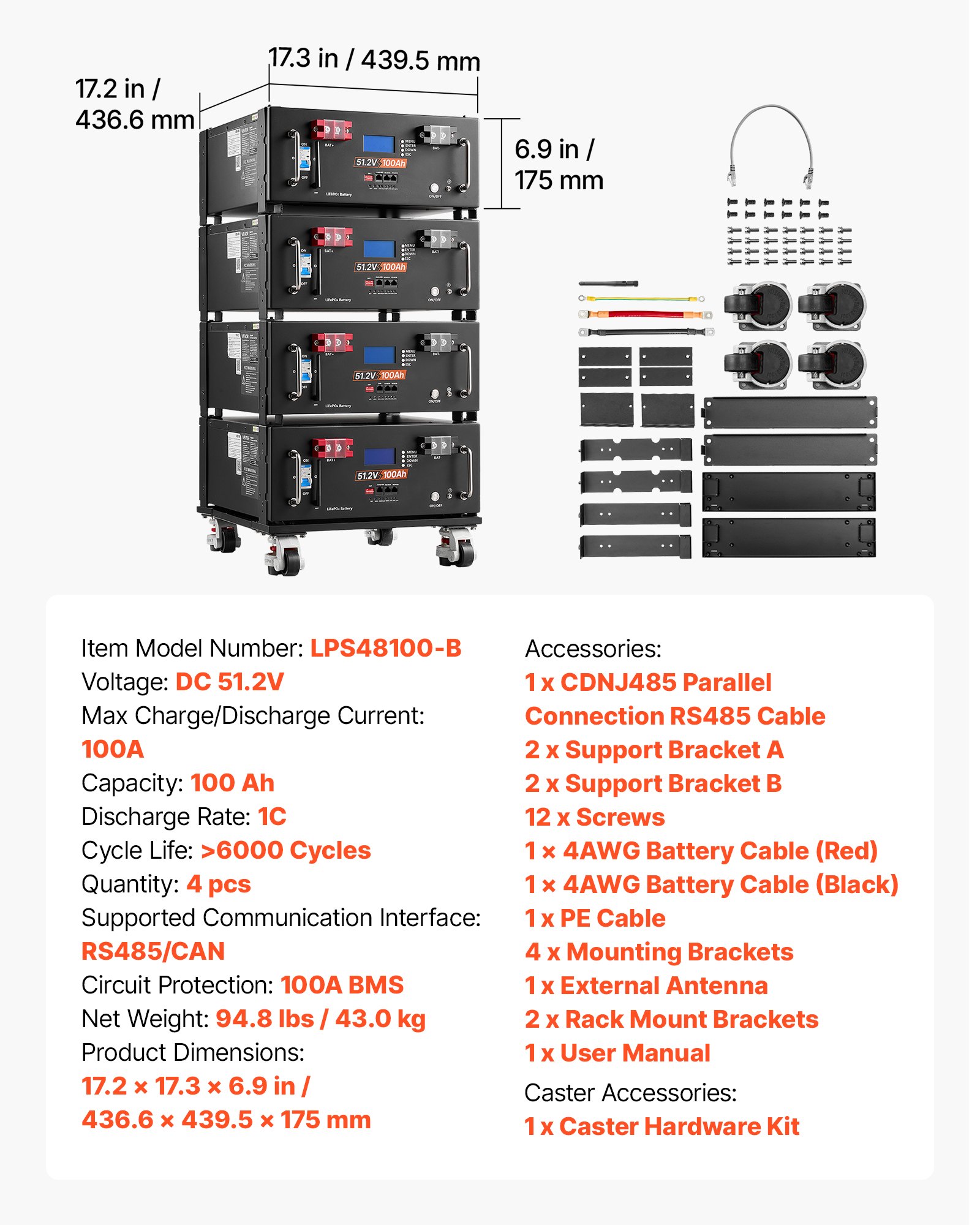 VEVOR 48V 100Ah LiFePO4 Lithium Battery, Built-in 100A BMS, 51.2V Server Rack LiFePO4 Battery with Bluetooth & Display, 5120Wh Capacity, 6000 Cycles, for Solar Energy Storage Home Backup Power, 4 Pack