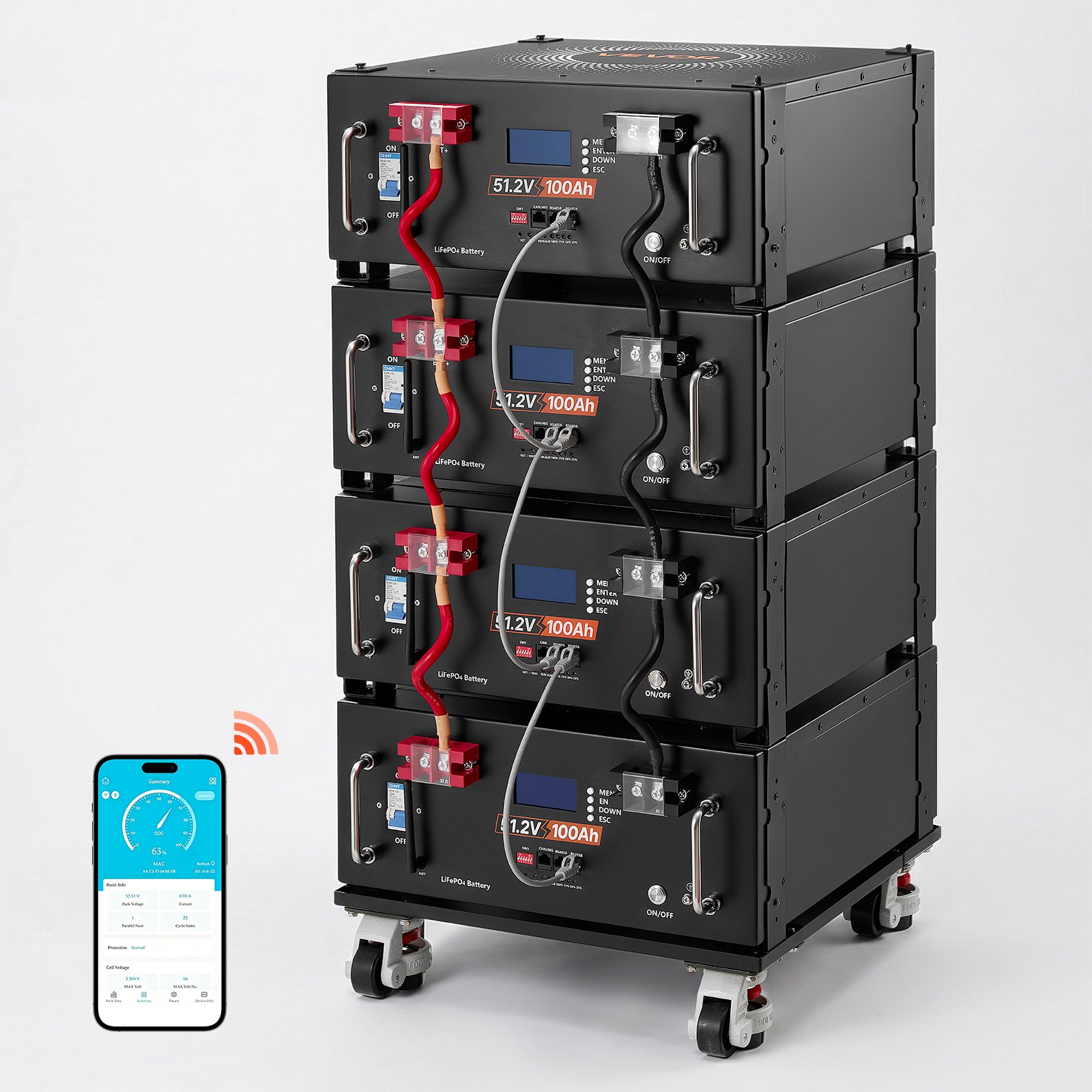 VEVOR 48V 100Ah LiFePO4 Lithium Battery, Built-in 100A BMS, 51.2V Server Rack LiFePO4 Battery with Bluetooth & Display, 5120Wh Capacity, 6000 Cycles, for Solar Energy Storage Home Backup Power, 4 Pack