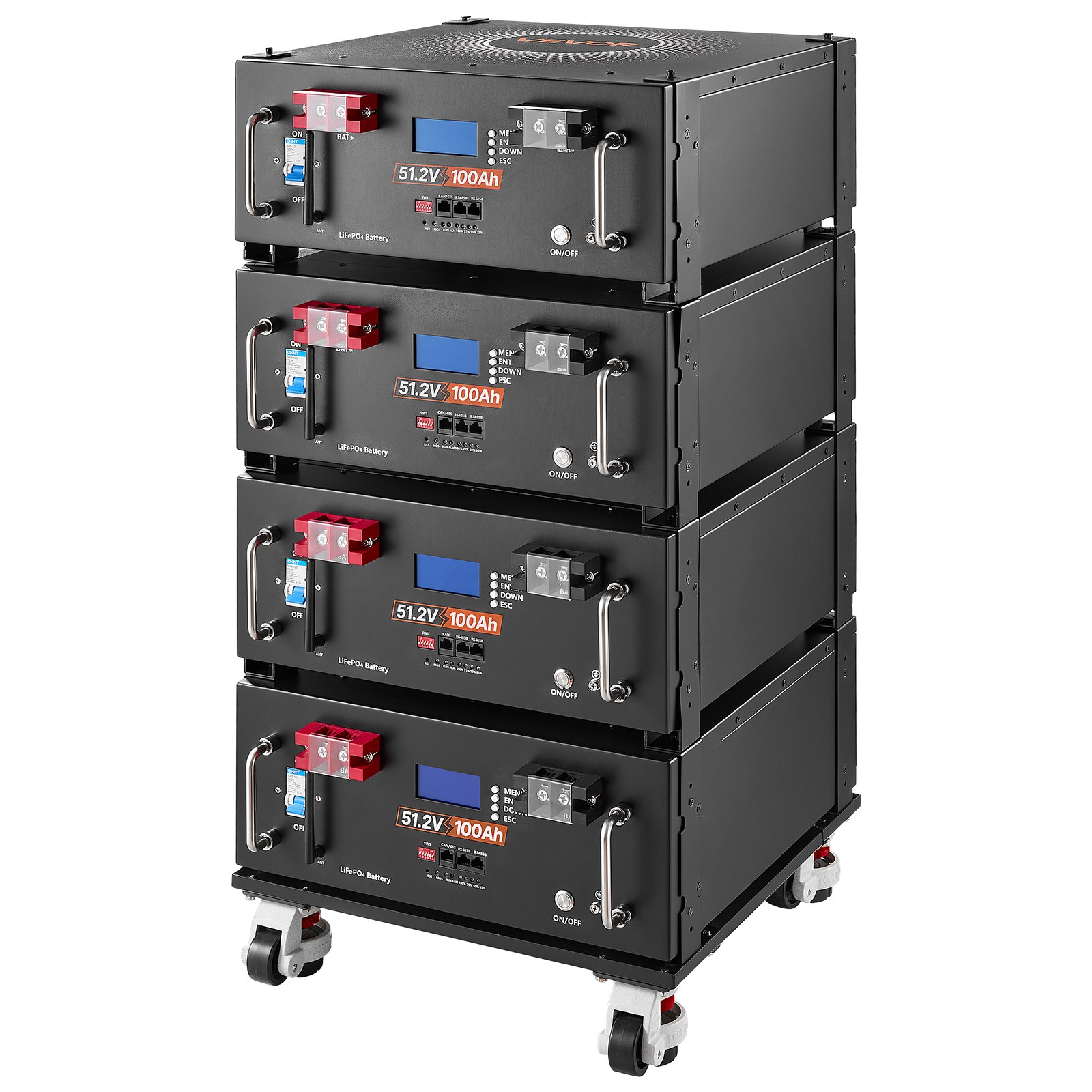 VEVOR 48V 100Ah LiFePO4 Lithium Battery, Built-in 100A BMS, 51.2V Server Rack LiFePO4 Battery with Bluetooth & Display, 5120Wh Capacity, 6000 Cycles, for Solar Energy Storage Home Backup Power, 4 Pack