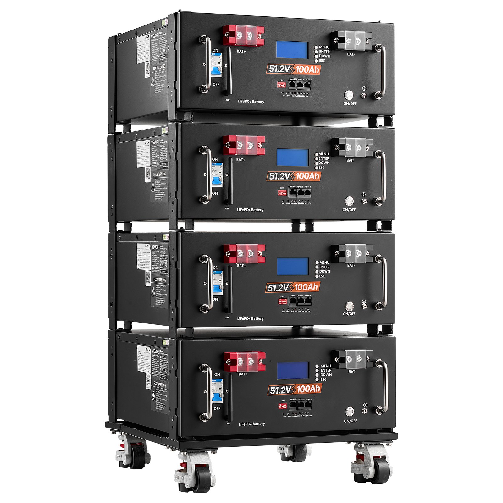 VEVOR 48V 100Ah LiFePO4 Lithium Battery, Built-in 100A BMS, 51.2V Server Rack LiFePO4 Battery with Bluetooth & Display, 5120Wh Capacity, 6000 Cycles, for Solar Energy Storage Home Backup Power, 4 Pack