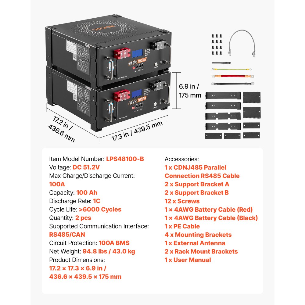 VEVOR 48V 100Ah LiFePO4 Lithium Battery, Built-in 100A BMS, 51.2V Server Rack LiFePO4 Battery with Bluetooth & Display, 5120Wh Capacity, 6000 Cycles, for Solar Energy Storage Home Backup Power, 2 Pack