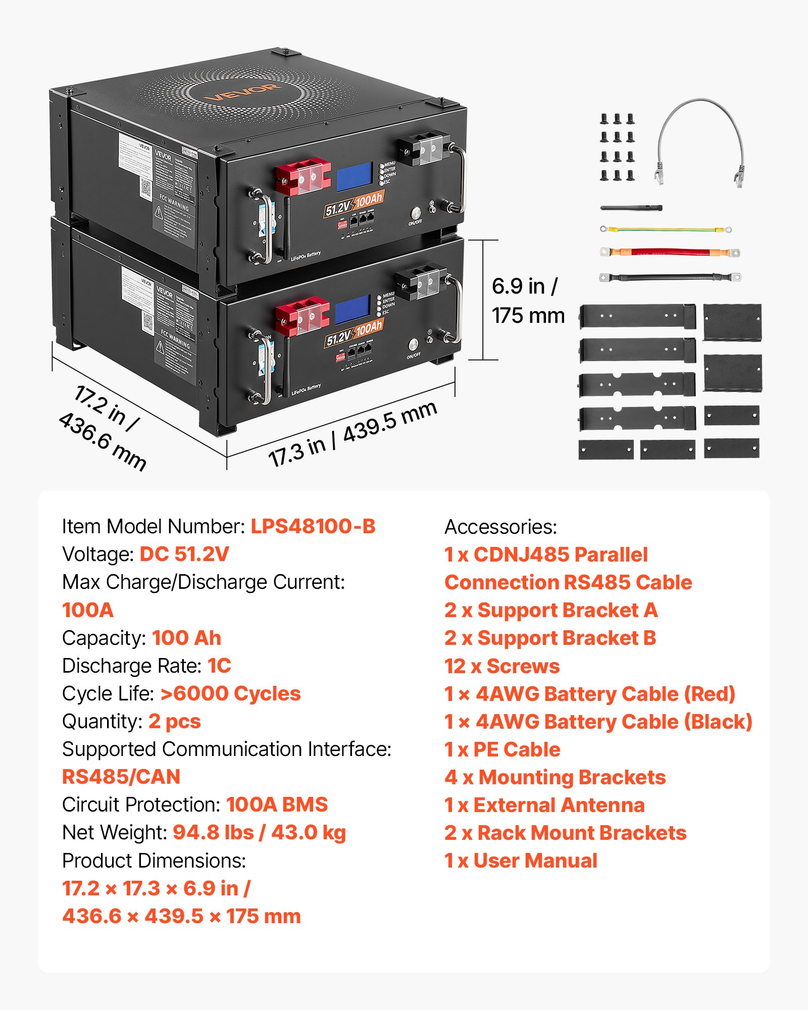 VEVOR 48V 100Ah LiFePO4 Lithium Battery, Built-in 100A BMS, 51.2V Server Rack LiFePO4 Battery with Bluetooth & Display, 5120Wh Capacity, 6000 Cycles, for Solar Energy Storage Home Backup Power, 2 Pack