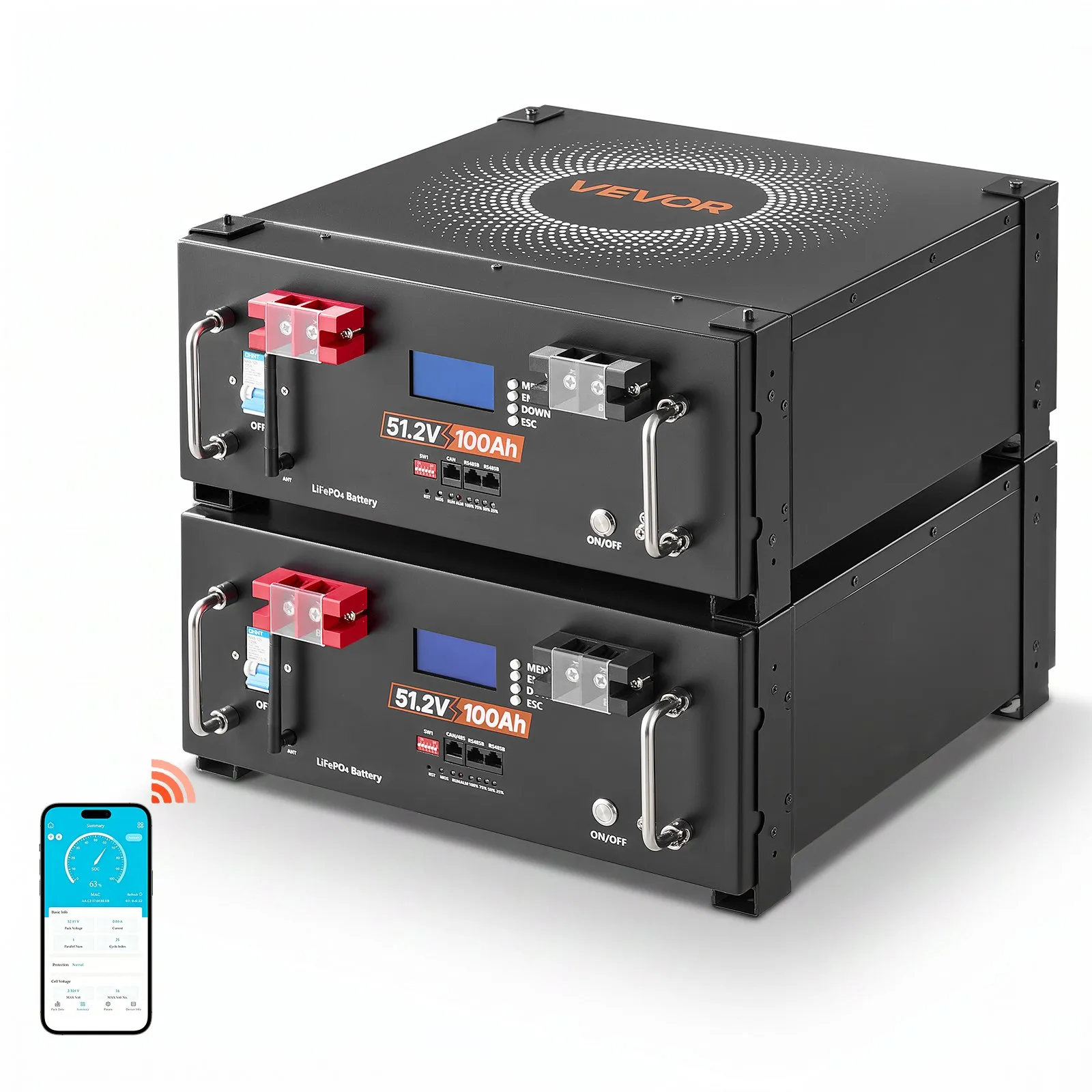 VEVOR 48V 100Ah LiFePO4 Lithium Battery, Built-in 100A BMS, 51.2V Server Rack LiFePO4 Battery with Bluetooth & Display, 5120Wh Capacity, 6000 Cycles, for Solar Energy Storage Home Backup Power, 2 Pack