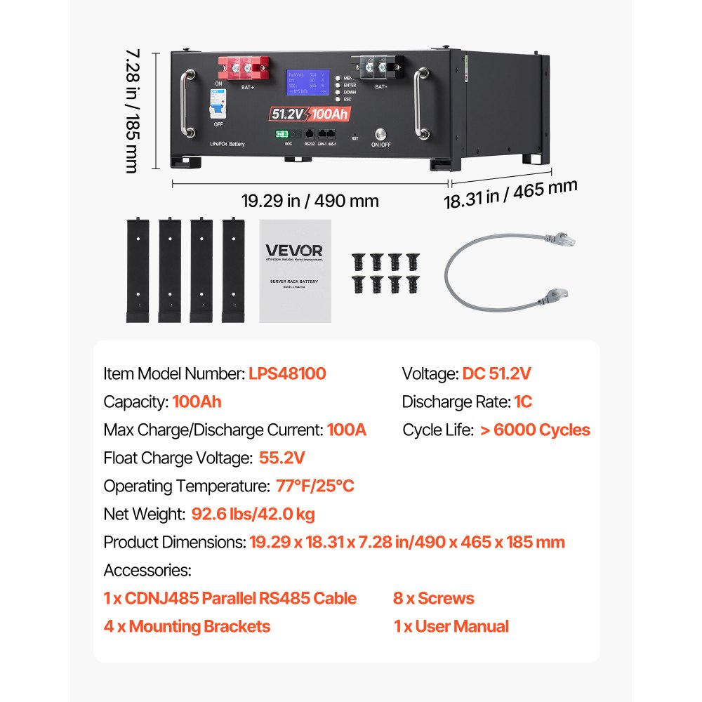 VEVOR 48V 100Ah LiFePO4 Lithium Battery, Built-in 100A BMS, 51.2V Server Rack LiFePO4 Battery with Bluetooth, 5.12kWh Capacity, Max 6000 Cycles, LCD Display, for Off-Grid, Solar System, Backup Power