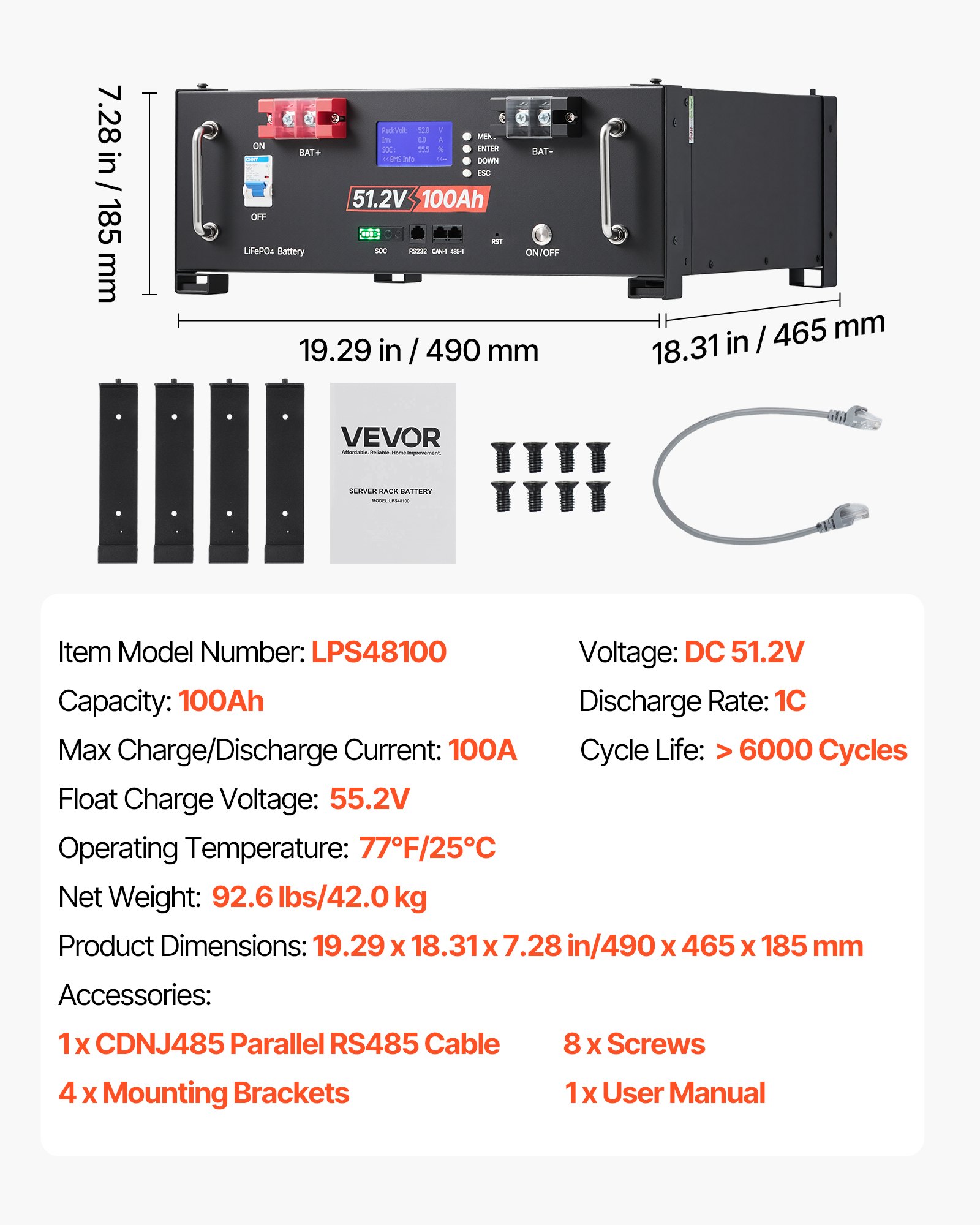 VEVOR 48V 100Ah LiFePO4 Lithium Battery, Built-in 100A BMS, 51.2V Server Rack LiFePO4 Battery with Bluetooth, 5.12kWh Capacity, Max 6000 Cycles, LCD Display, for Off-Grid, Solar System, Backup Power