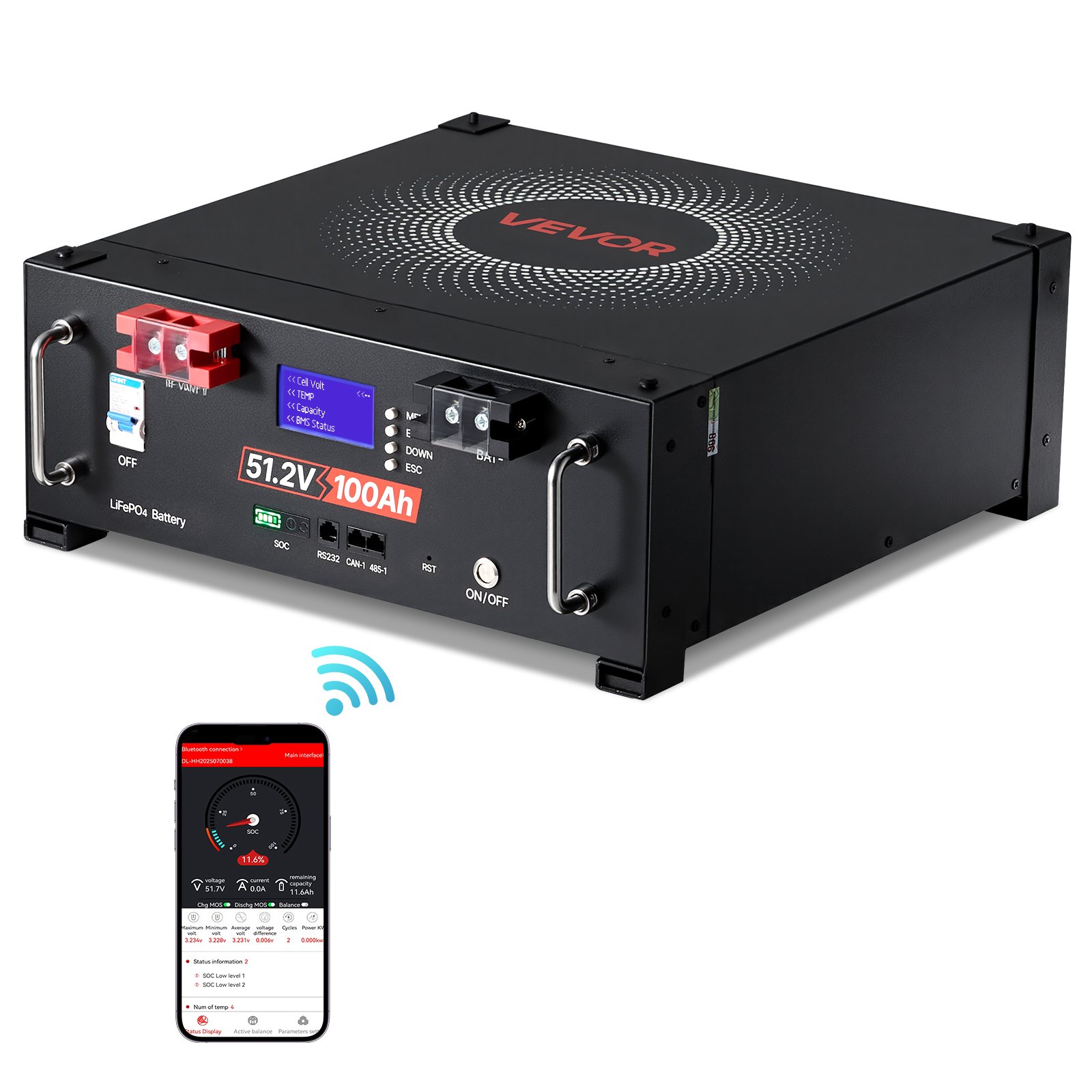 VEVOR 48V 100Ah LiFePO4 Lithium Battery, Built-in 100A BMS, 51.2V Server Rack LiFePO4 Battery with Bluetooth, 5.12kWh Capacity, Max 6000 Cycles, LCD Display, for Off-Grid, Solar System, Backup Power