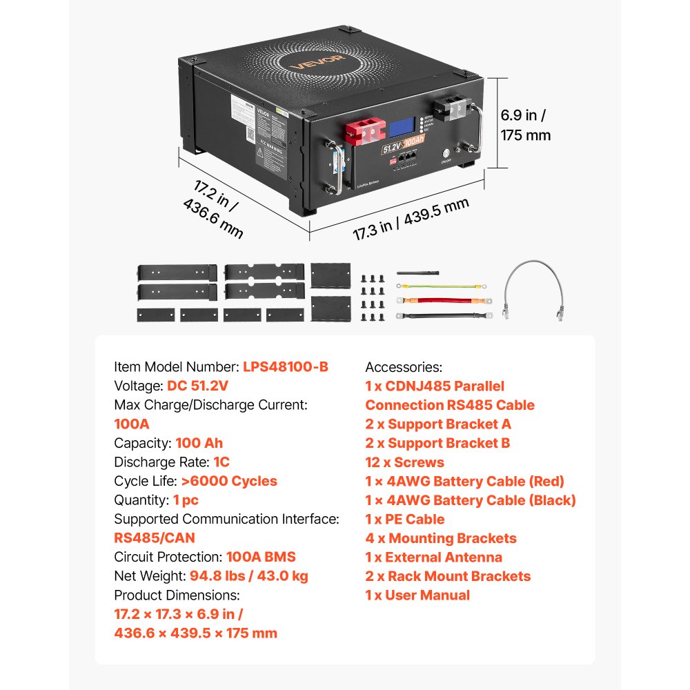 VEVOR 48V 100Ah LiFePO4 Lithium Battery, Built-in 100A BMS, 51.2V Server Rack LiFePO4 Battery with Bluetooth, 5120Wh Capacity, 6000 Cycles, LCD Display, for Solar Energy Storage Home Backup Power
