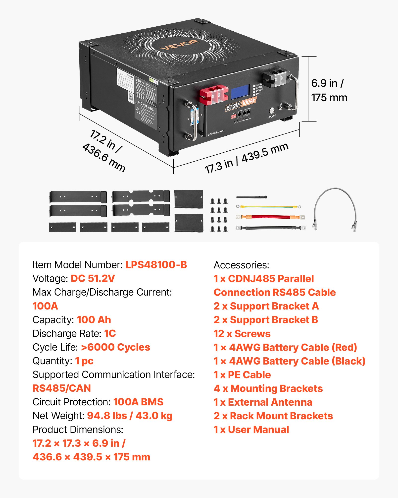 VEVOR 48V 100Ah LiFePO4 Lithium Battery, Built-in 100A BMS, 51.2V Server Rack LiFePO4 Battery with Bluetooth, 5120Wh Capacity, 6000 Cycles, LCD Display, for Solar Energy Storage Home Backup Power