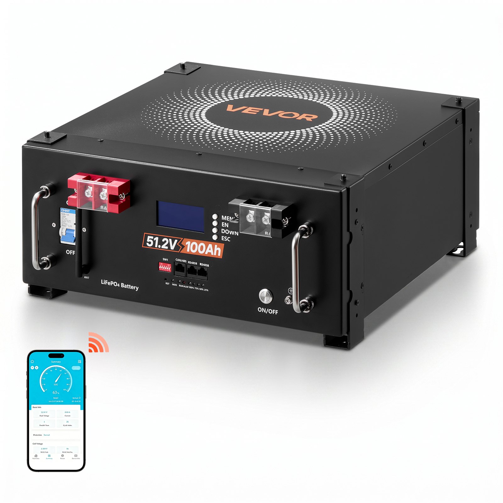 VEVOR 48V 100Ah LiFePO4 Lithium Battery, Built-in 100A BMS, 51.2V Server Rack LiFePO4 Battery with Bluetooth, 5120Wh Capacity, 6000 Cycles, LCD Display, for Solar Energy Storage Home Backup Power