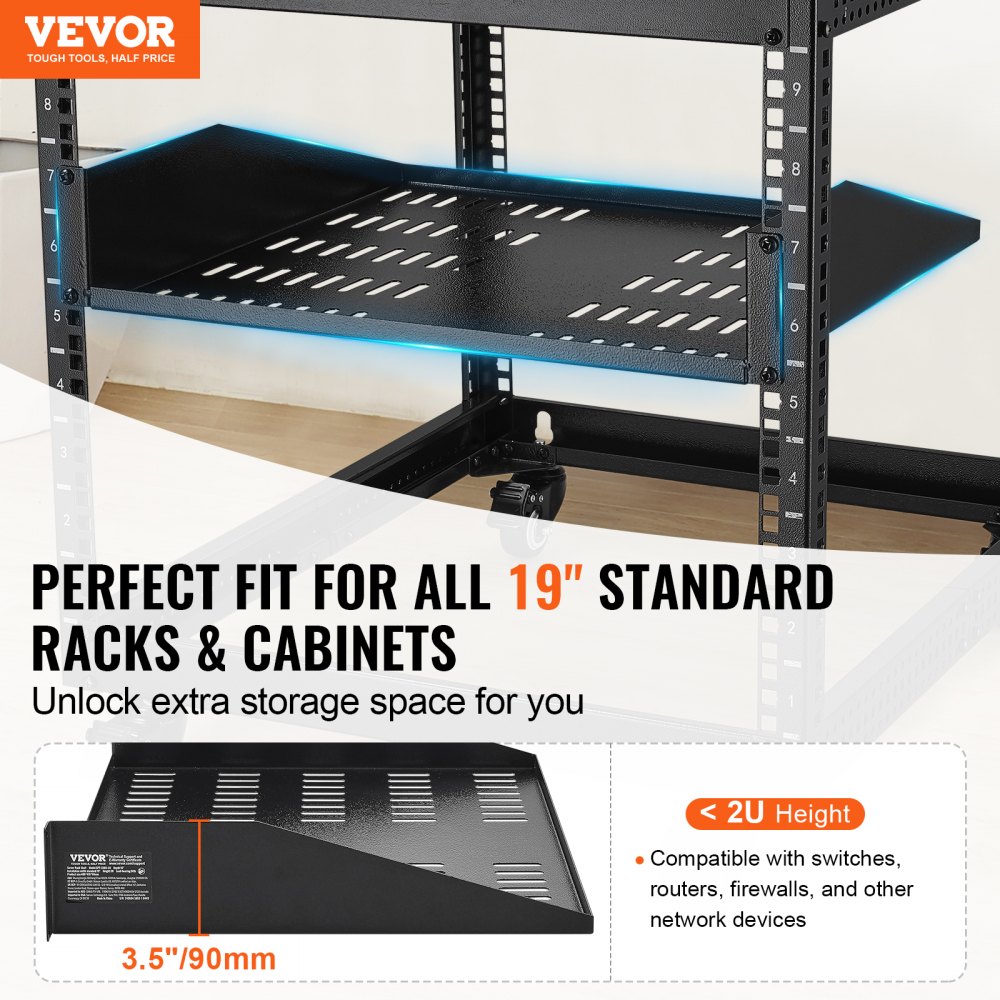 VEVOR 2U Server Rack Shelf, 16"/406mm Depth, 23 kg / 50 lbs Max Load Capacity Vented Cantilever or Wall Mount Rack Mount Shelf with Tray, Good Air Circulation for 482.6 mm/19" Network Cabinet or Equipment Rack