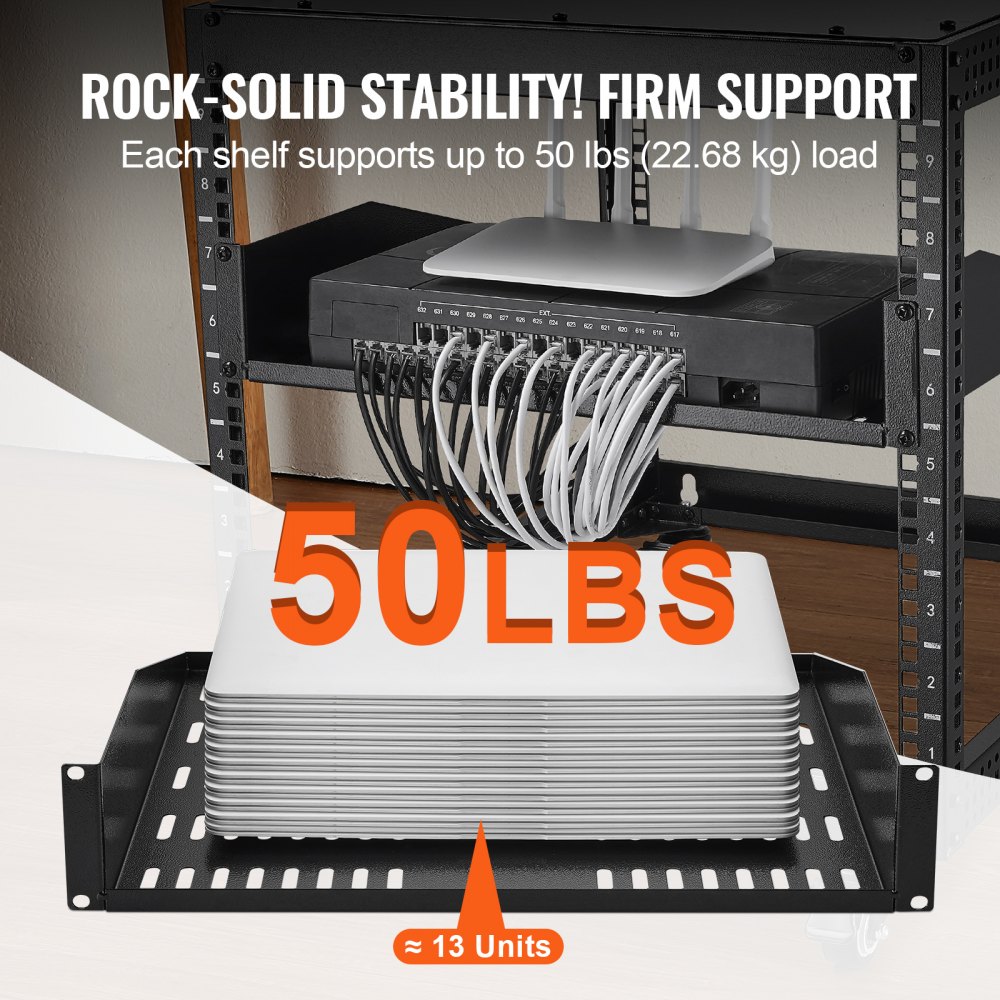 VEVOR 2U Server Rack Shelf, 16"/406mm Depth, 23 kg / 50 lbs Max Load Capacity Vented Cantilever or Wall Mount Rack Mount Shelf with Tray, Good Air Circulation for 482.6 mm/19" Network Cabinet or Equipment Rack